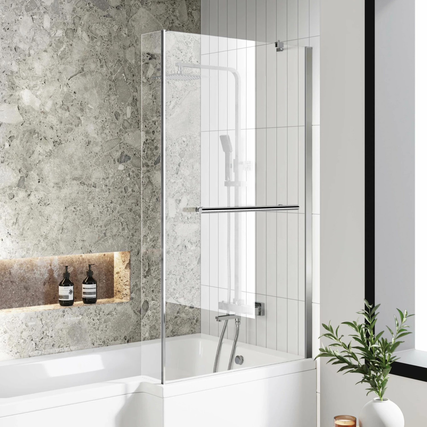 L Shaped 1500 Shower Bath With Front Panel & 4mm Fixed Screen With Rail - Right Handed - Image 3