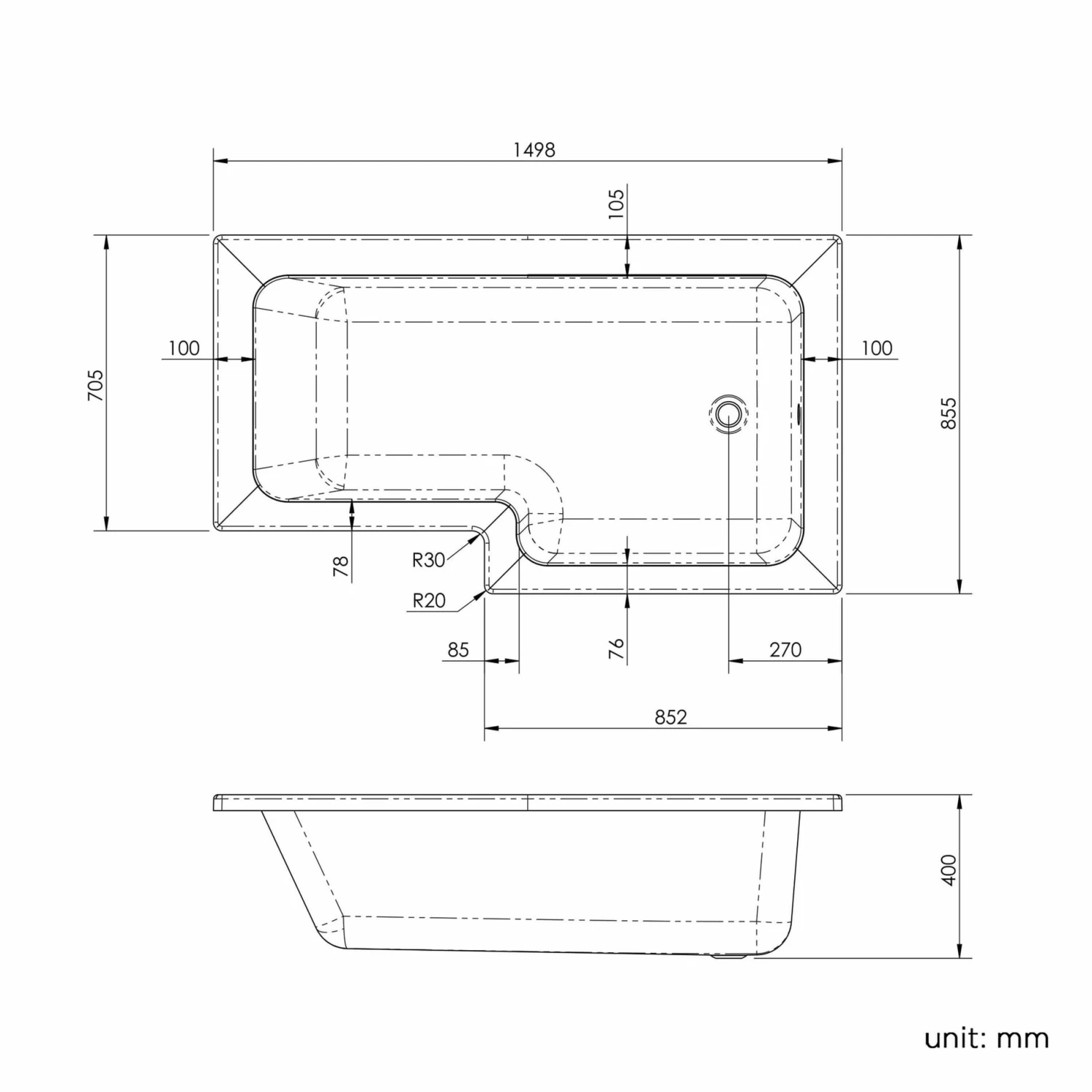 L Shaped 1500 Shower Bath With Front Panel & 4mm Fixed Screen With Rail - Right Handed - Image 6