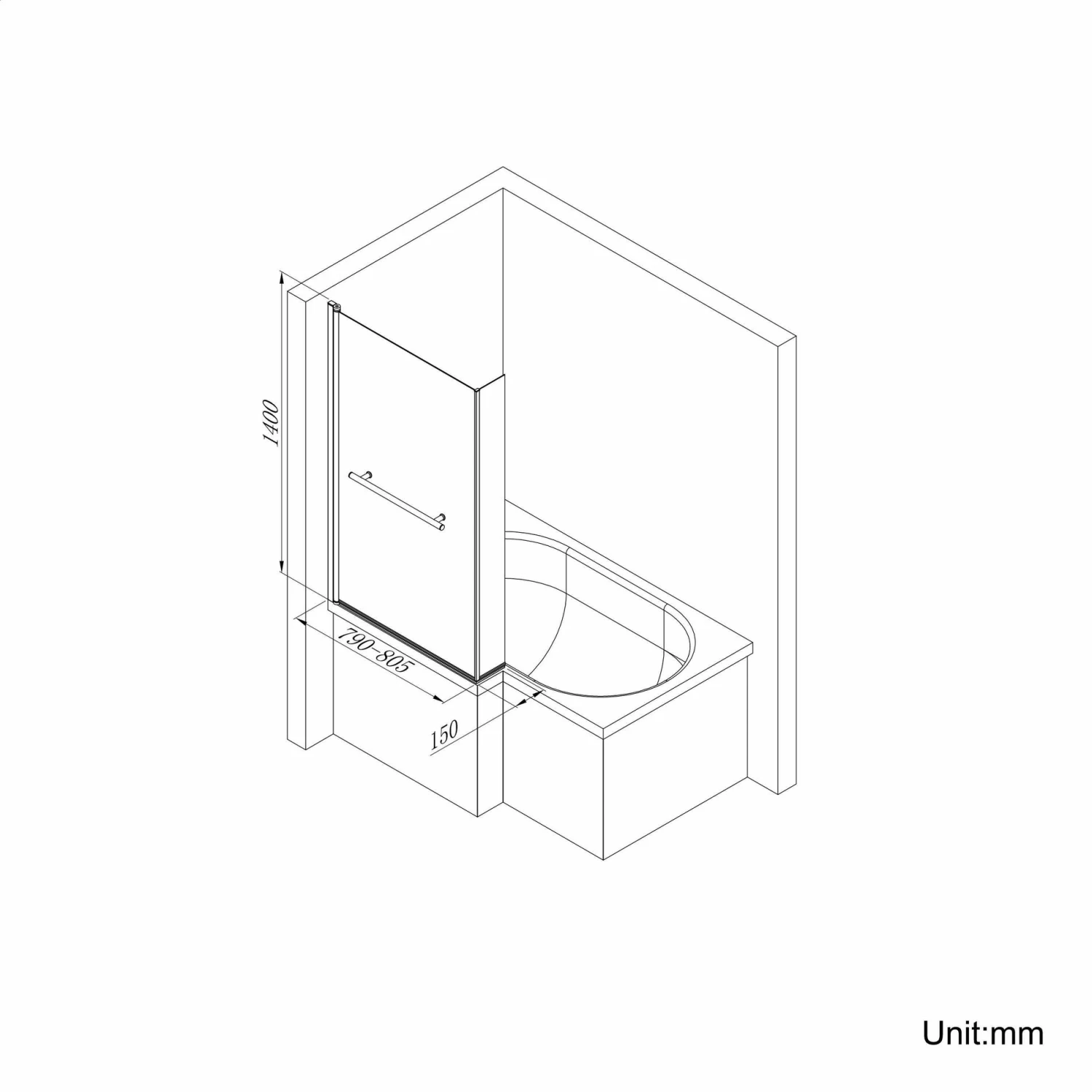 L Shaped 1500 Shower Bath With Front Panel & 4mm Fixed Screen With Rail - Right Handed - Image 7