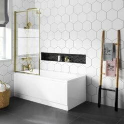 Stafford V2 1500x700 Round Shower Bath & 6mm Easy Clean Brushed Brass Framed Bath Screen