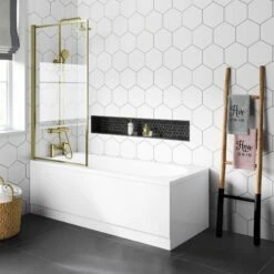 Stafford V2 1700x700 Round Shower Bath & 6mm Easy Clean Brushed Brass Framed Bath Screen