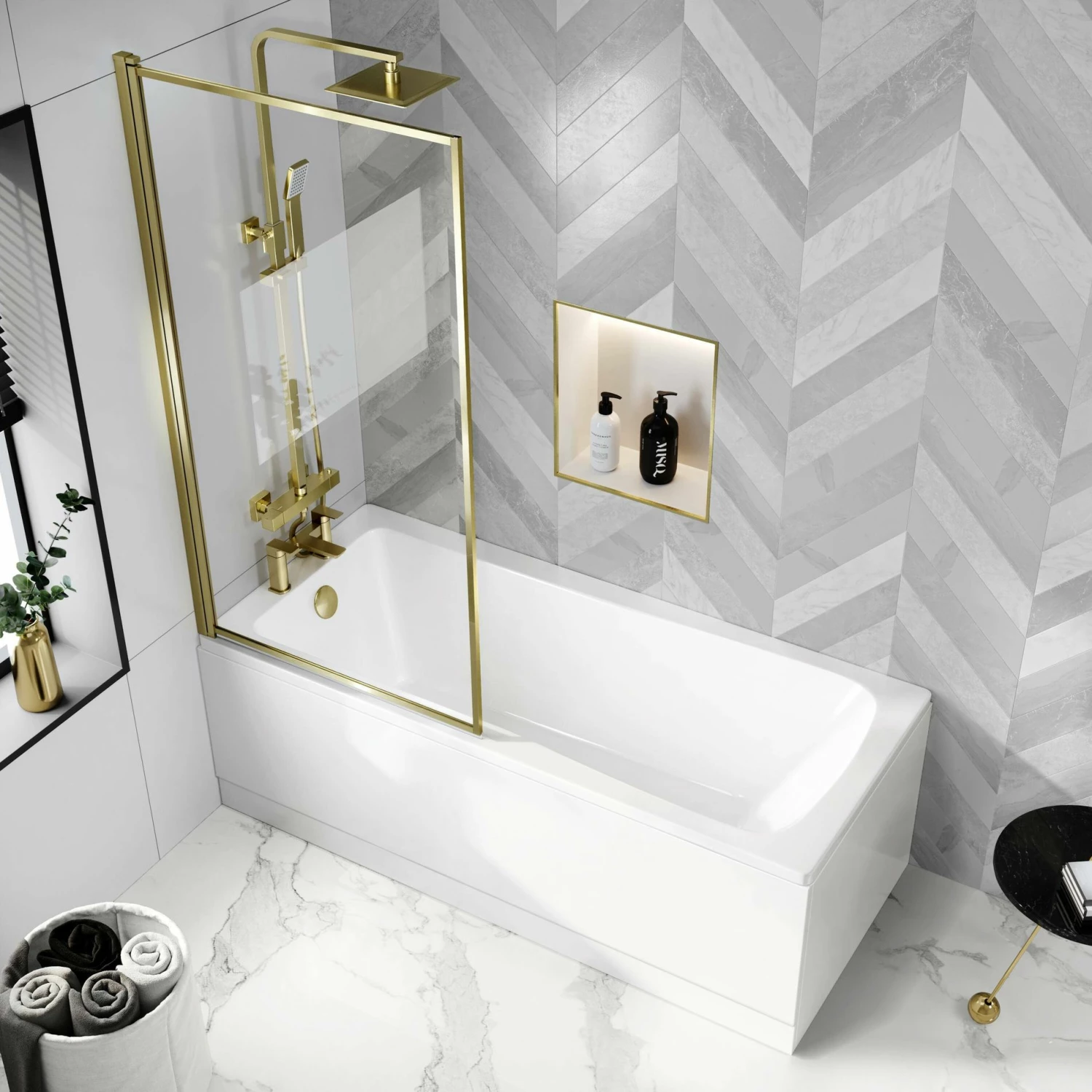 Hereford V2 1600x700 Square Shower Bath & 6mm Easy Clean Brushed Brass Framed Bath Screen - Image 2
