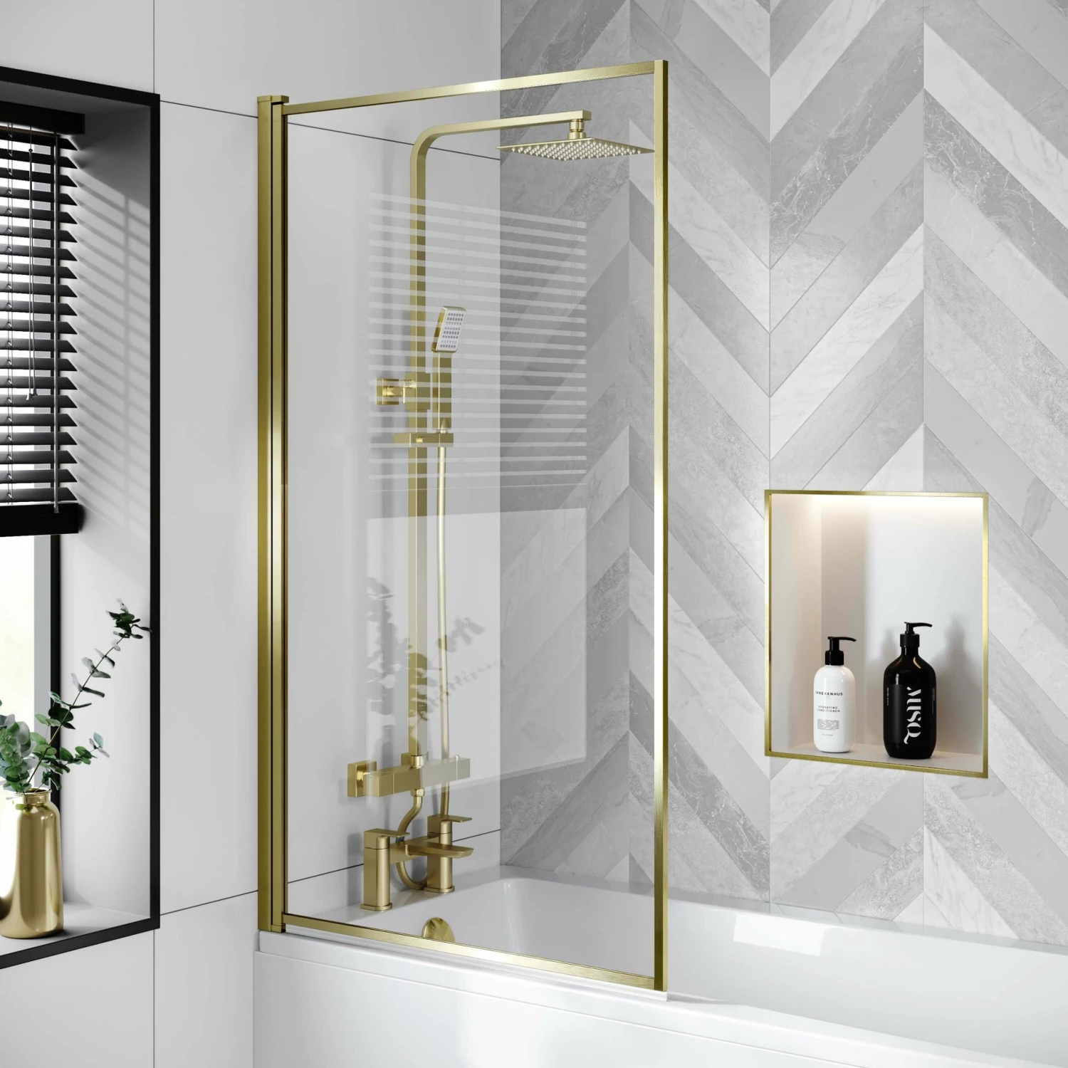 Hereford V2 1600x700 Square Shower Bath & 6mm Easy Clean Brushed Brass Framed Bath Screen - Image 3
