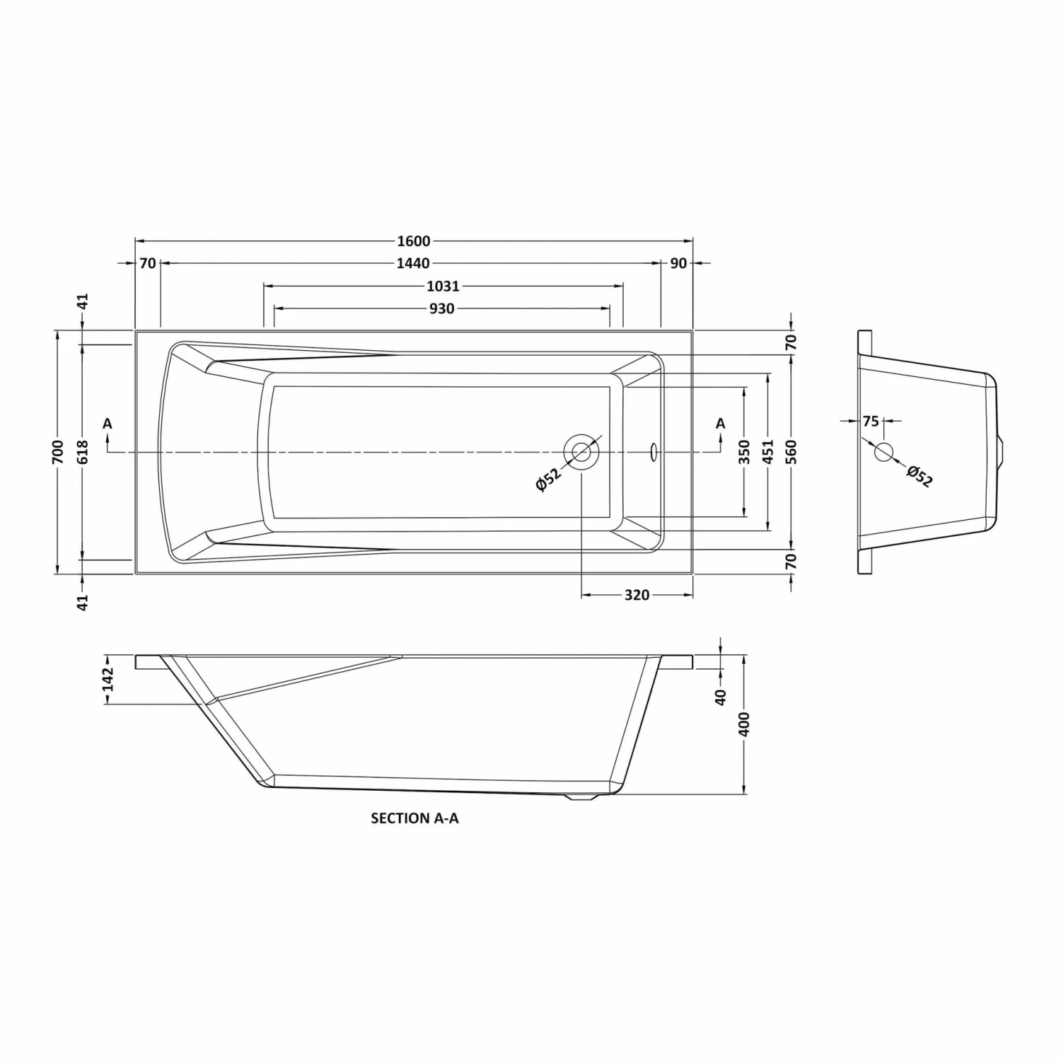 Hereford V2 1600x700 Square Shower Bath & 6mm Easy Clean Brushed Brass Framed Bath Screen - Image 5