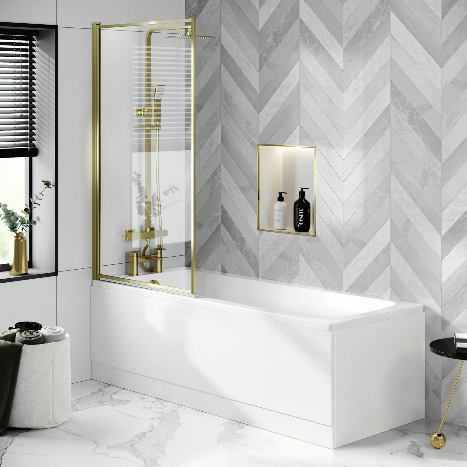 Hereford V2 1700x700 Square Shower Bath & 6mm Easy Clean Brushed Brass Framed Bath Screen