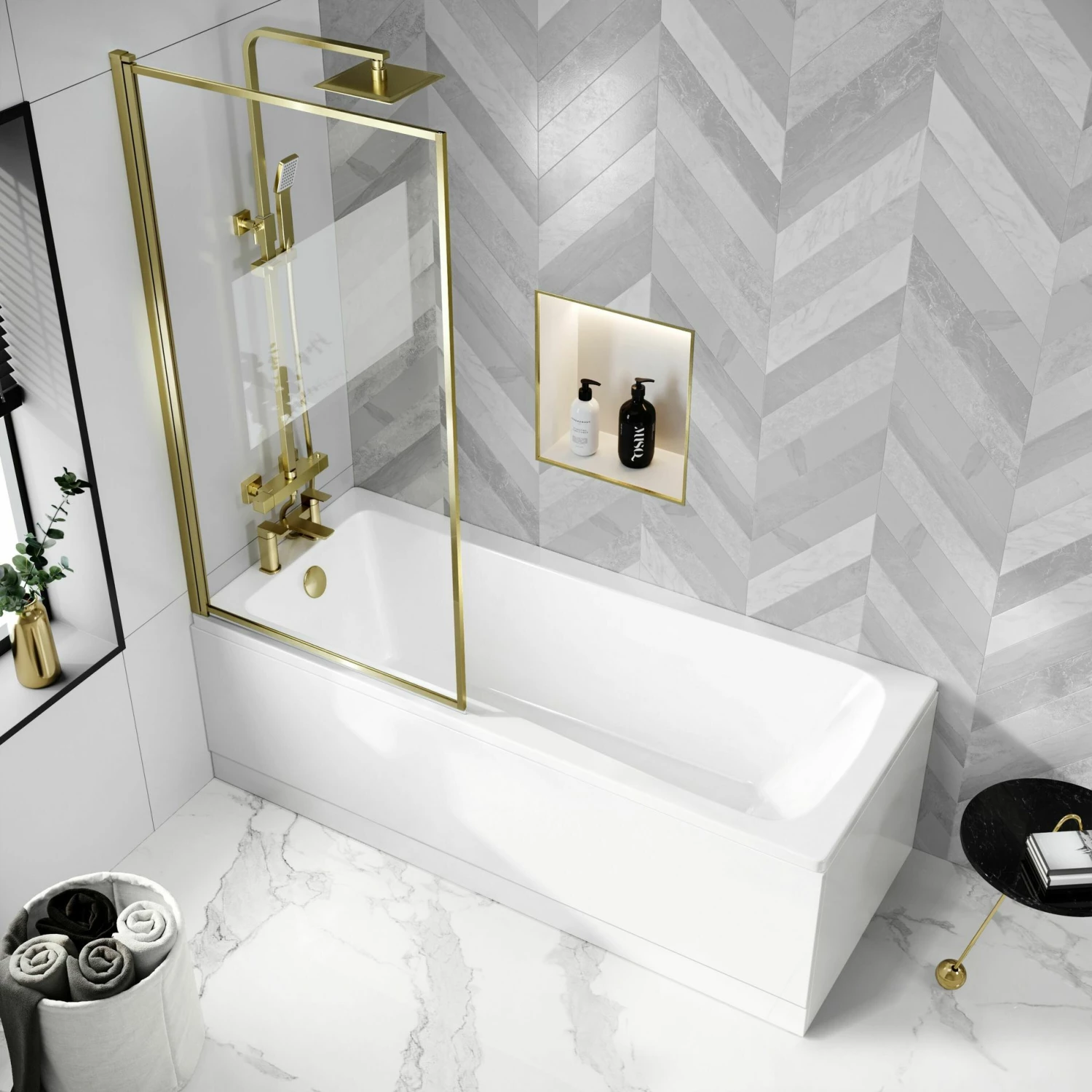 Hereford V2 1700x700 Square Shower Bath & 6mm Easy Clean Brushed Brass Framed Bath Screen - Image 2