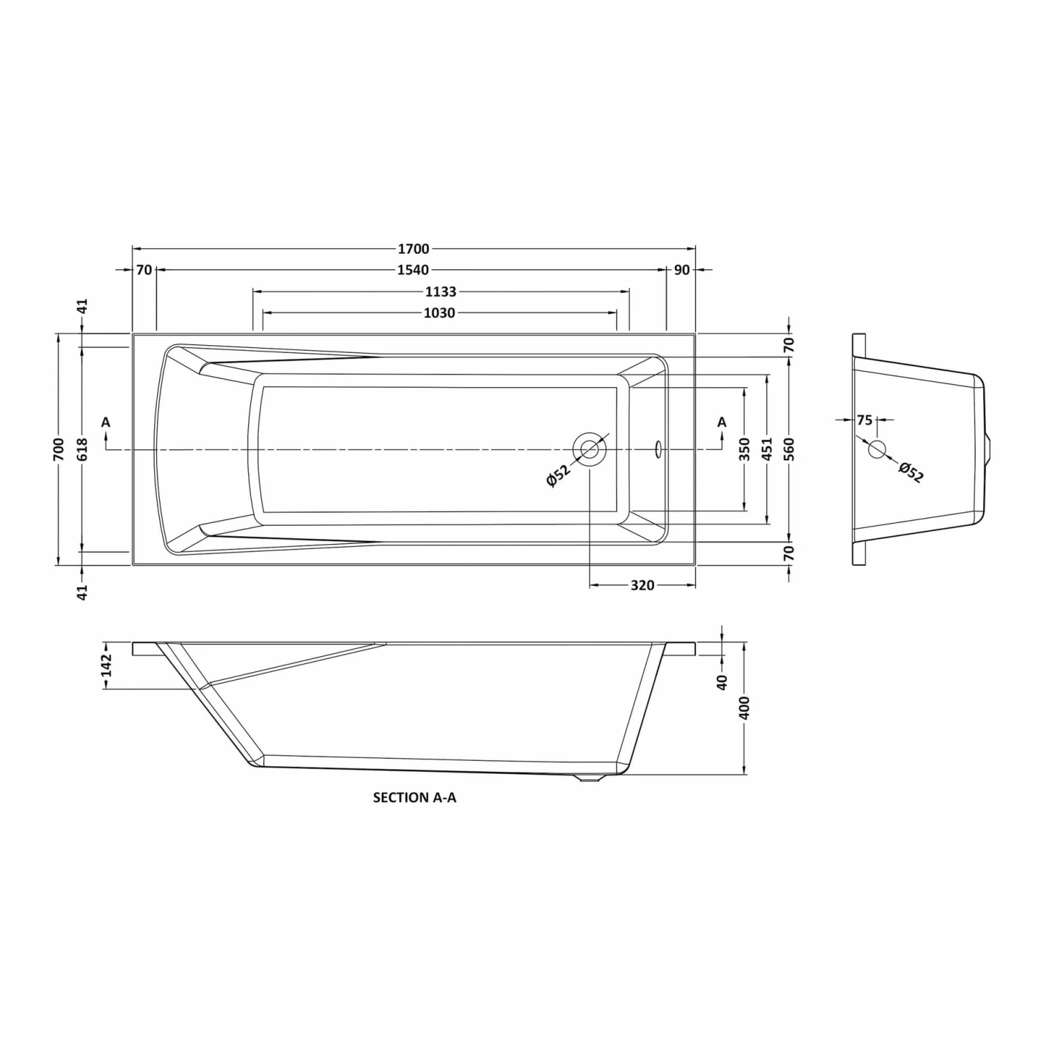Hereford V2 1700x700 Square Shower Bath & 6mm Easy Clean Brushed Brass Framed Bath Screen - Image 5