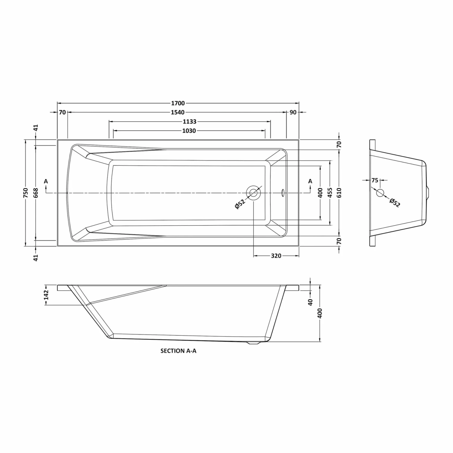 Hereford V2 1700x750 Square Shower Bath & 6mm Easy Clean Brushed Brass Framed Bath Screen - Image 5