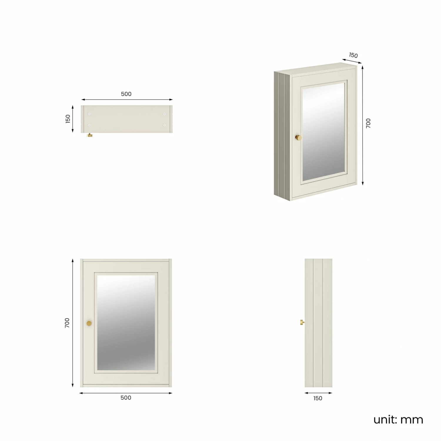 Chalk White Mirror Cabinet 700x500mm - Gold Accents - Image 6