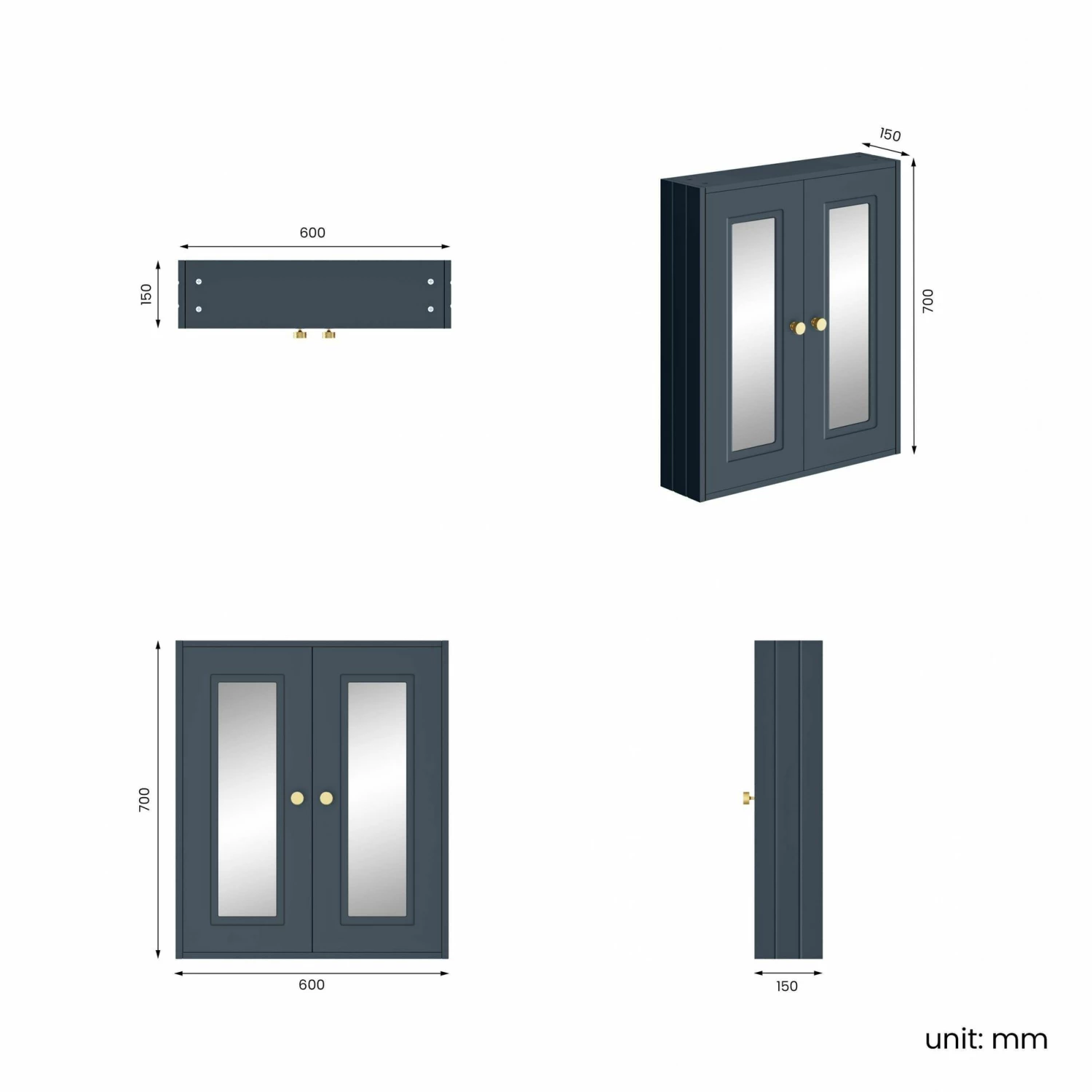 Inky Blue Wall Hung Mirror Cabinet 700x600mm - Gold Accents - Image 5