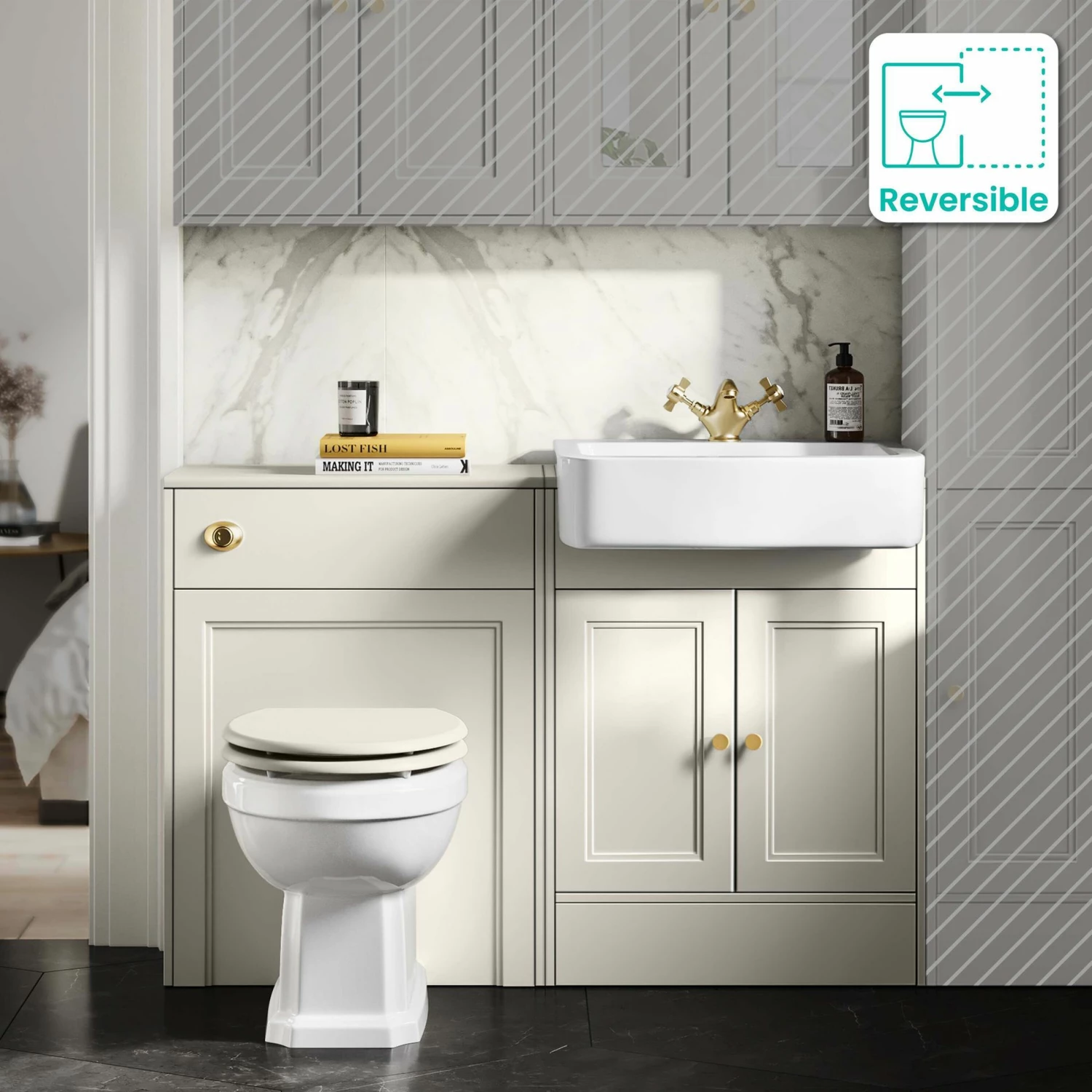 Monaco Chalk White Combination Vanity Basin And Hudson Toilet With Wooden Seat 1200mm - Gold Accents