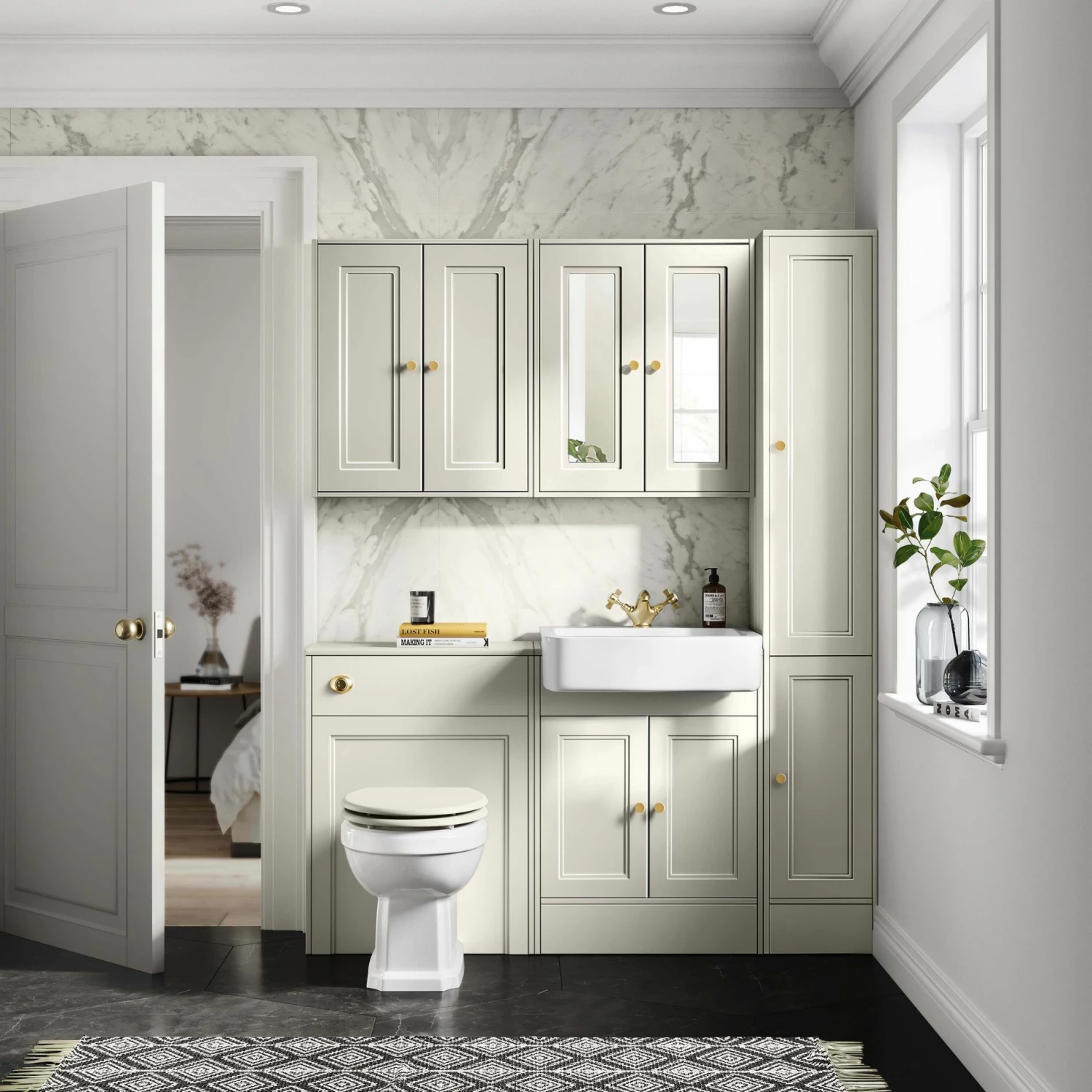 Monaco Chalk White Combination Vanity Basin And Hudson Toilet With Wooden Seat 1200mm - Gold Accents - Image 2