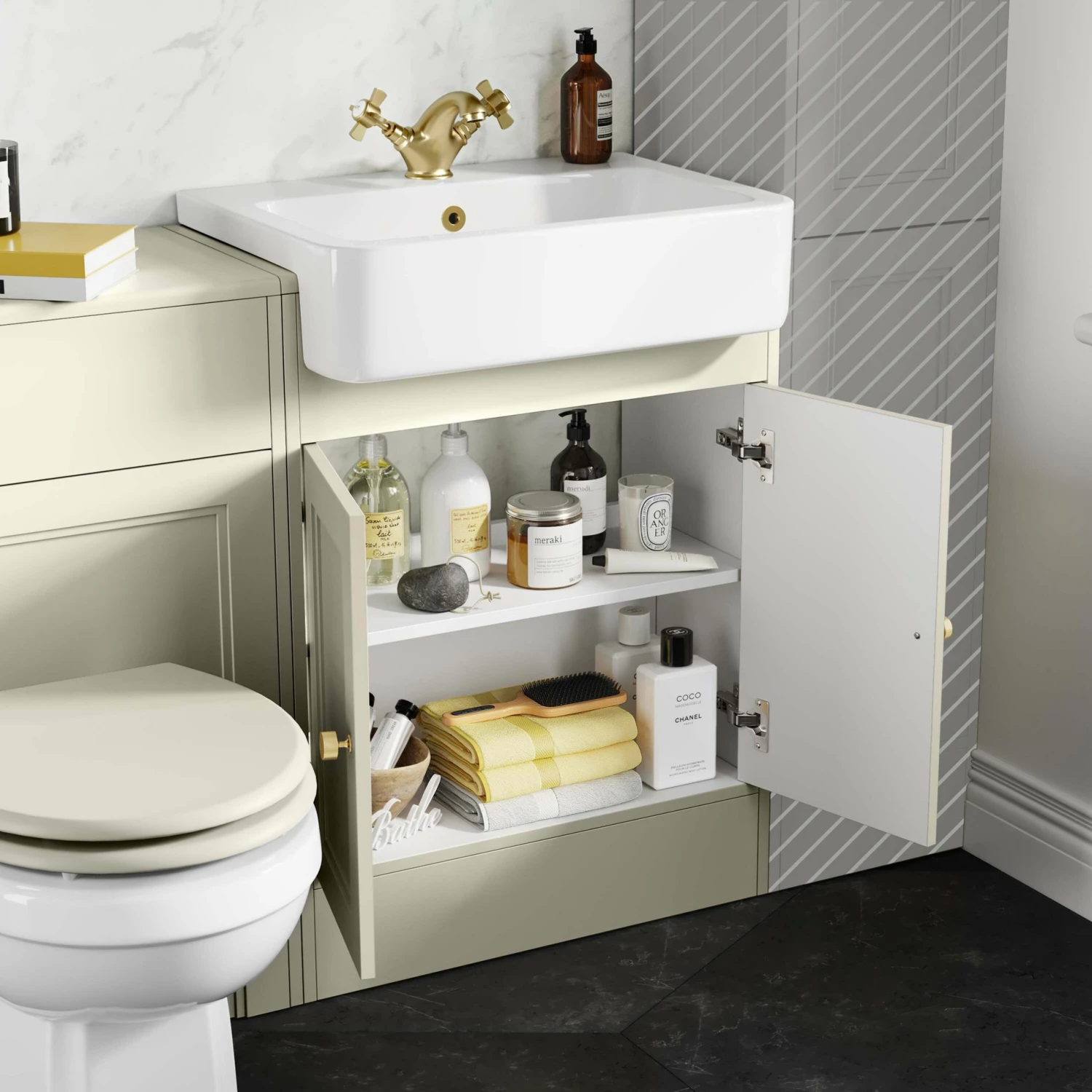 Monaco Chalk White Combination Vanity Basin And Hudson Toilet With Wooden Seat 1200mm - Gold Accents - Image 3