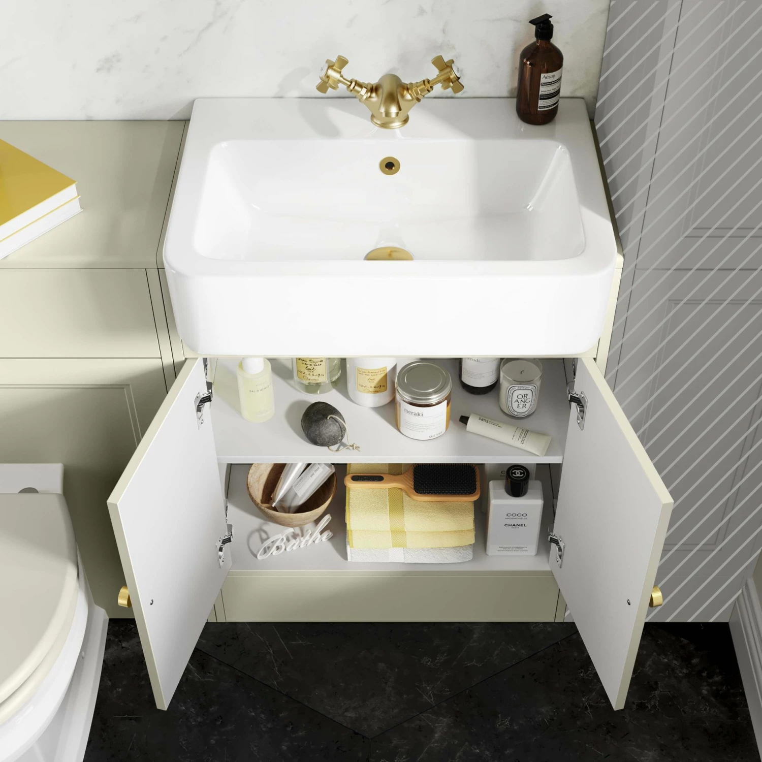 Monaco Chalk White Combination Vanity Basin And Hudson Toilet With Wooden Seat 1200mm - Gold Accents - Image 4