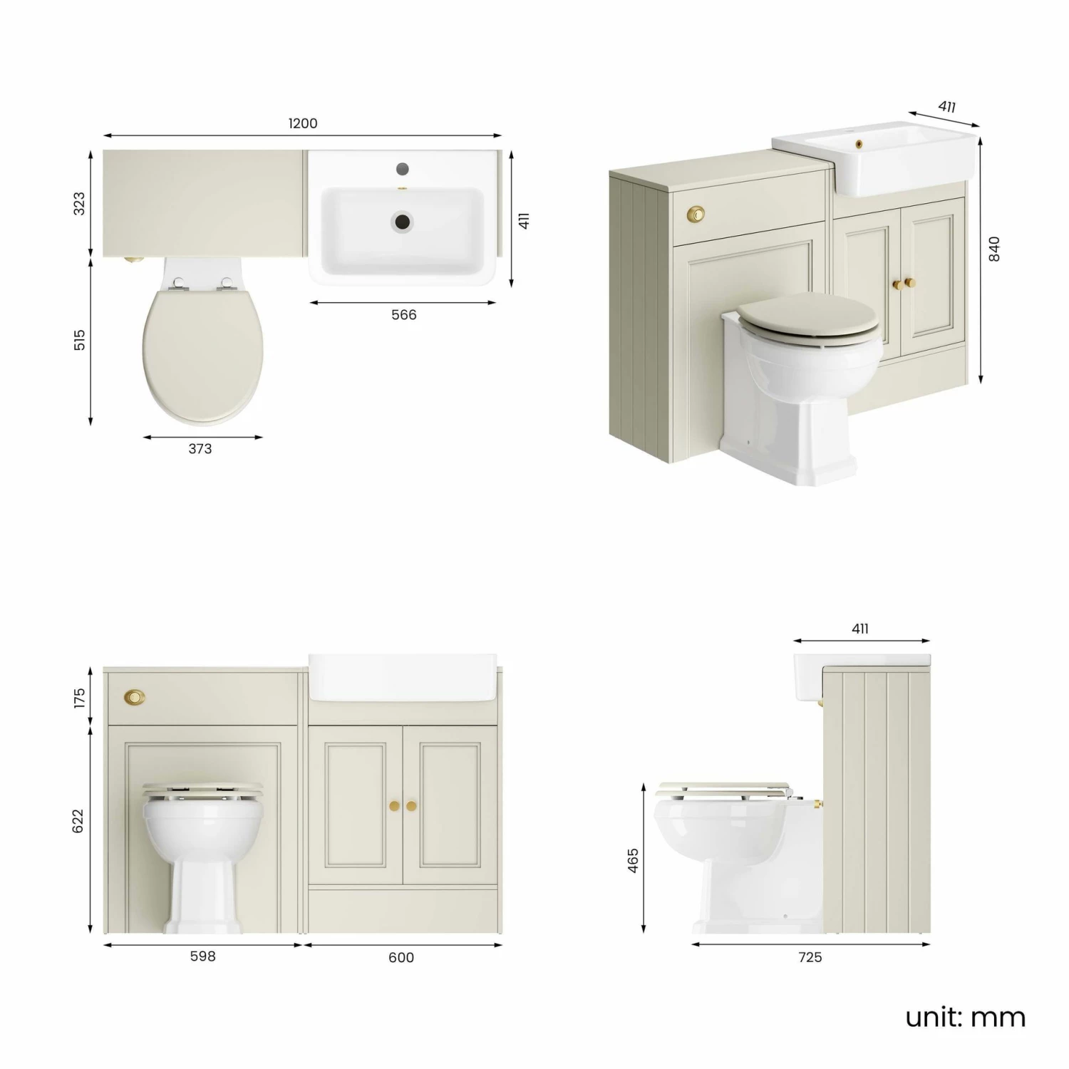 Monaco Chalk White Combination Vanity Basin And Hudson Toilet With Wooden Seat 1200mm - Gold Accents - Image 9