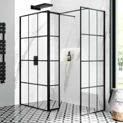 Munich Matt Black Crittall Style 8mm Walk In Shower Enclosure 1000mm & 800mm Glass With Pivotal Return Panel