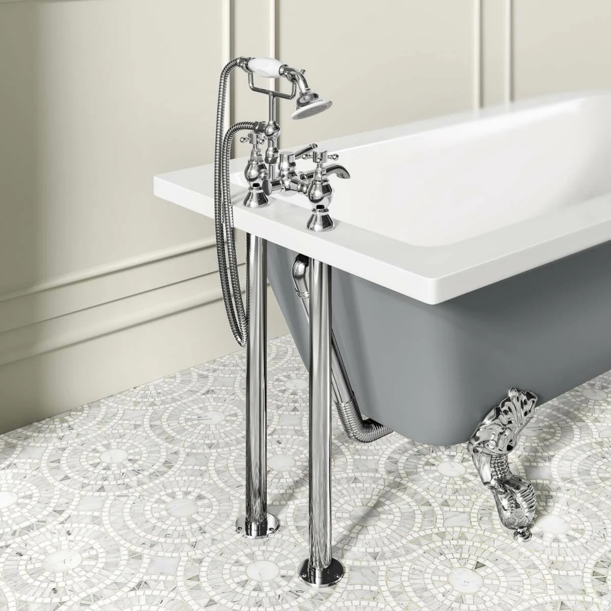 Abingdon 1500mm Dove Grey Single Ended Roll Top Bath - Chrome Ball Feet - Image 3