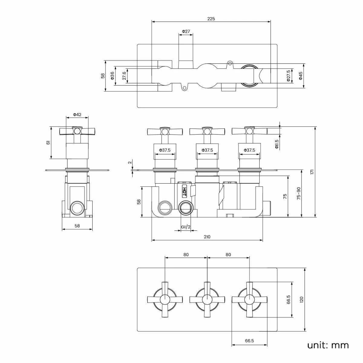 Chrome Crosshead Thermostatic Shower Valve - 3 Outlets - Image 3